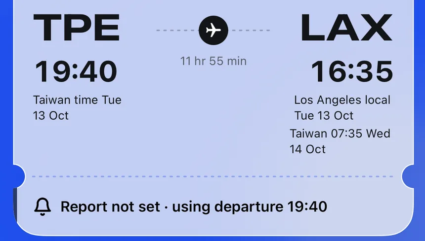 Boarding pass detail: departs TPE 19:40, arrives LAX 16:35 local time, with Taiwan time alongside