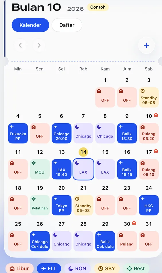 Kalender Feiban: roster Oktober dengan warna untuk libur, terbang, menginap, dan standby
