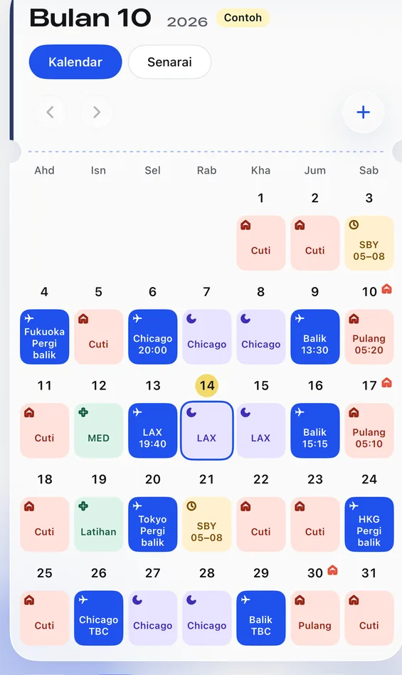 Kalendar Feiban: roster Oktober dengan warna untuk cuti, terbang, bermalam dan siap sedia